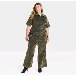 Women's Holiday Short Sleeve Flocked Denim Jumpsuit - Universal Thread Olive 17